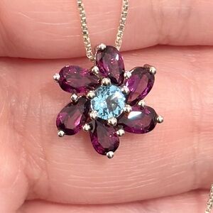 14K Rhodolite Garnet Blue Topaz Flower Pendant Dainty Petite Cluster, White Gold